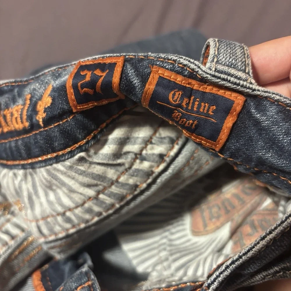 Y2K Rock Revival Celine Boot Cut Jeans Size 27 Distressed Flap Pocket Blue Denim